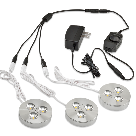MINI PUCK Plug n Play Set of 3 Dimmable Round Undercabinet LED Lights Silver Finish 30W equivalent